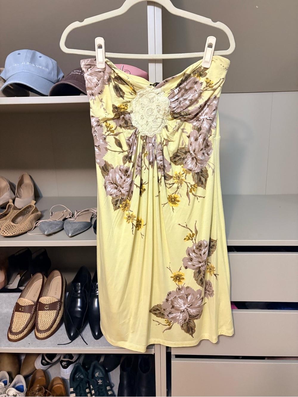 le chateau Butter Yellow Floral Strapless Dress, M - Picture 1 of 7